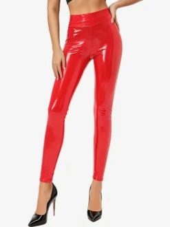 Leggings taille haute en cuir verni brillant pour femme extensibles et ajustés style skinny parfaits pour les soirées.