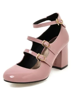 Les talons Chunky roses ronde Toe bouclée Ankle Strap pompe chaussures pour femmes