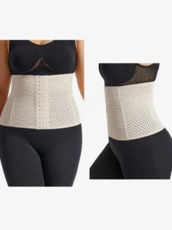 Linge de Mariée Ceinture amincissante post-partum pour le sport gainante et ventre plat avec dos ajouré et corset gainant marron boutonnée sur le devant.