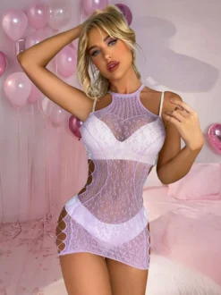 Linge de Mariée Chemise bleue imprimée léopard robe moulante en résille transparente avec découpes et empiècements en résille lingerie