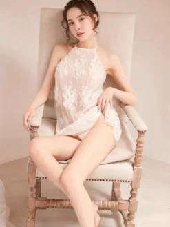 Linge de Mariée Chemise de nuit sexy en dentelle blanche dos nu semi-transparente mini-robe à bretelles et ourlet festonné