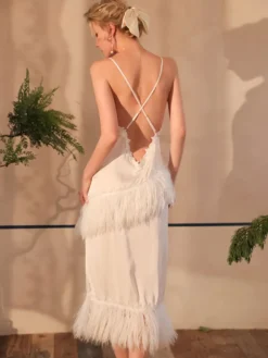 Linge de Mariée Chemise de nuit longue plumes bretelles spaghetti dos nu