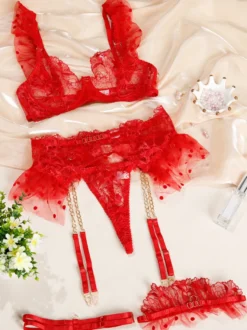 Linge de Mariée Ensemble de lingerie de mariage sexy 4 pièces en dentelle imprimée blanche avec soutien-gorge et culotte