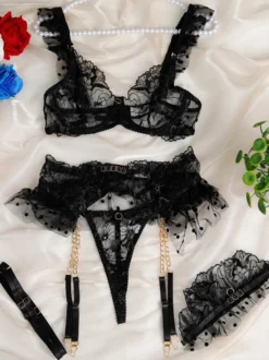 Linge de Mariée Ensemble de lingerie de mariage sexy 4 pièces en dentelle imprimée blanche avec soutien-gorge et culotte
