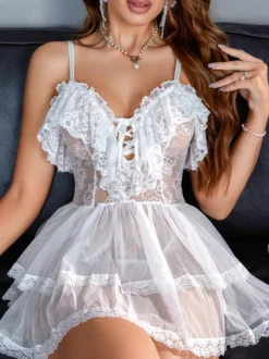Linge de Mariée Ensemble pyjama de mariée en dentelle blanche transparente et découpée lingerie d'intérieur