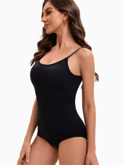 Linge de Mariée Lingerie gainante noire sans manches dos nu bretelles boutonnées au cou brassière ajustable body sans coutures coussinets amovibles fermeture à agrafes sur le devant