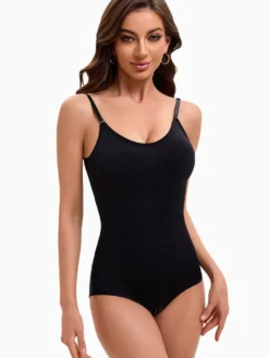 Linge de Mariée Lingerie gainante noire sans manches dos nu bretelles boutonnées au cou brassière ajustable body sans coutures coussinets amovibles fermeture à agrafes sur le devant