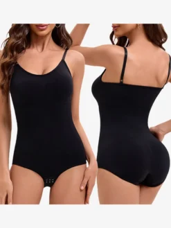 Linge de Mariée Lingerie gainante noire sans manches dos nu bretelles boutonnées au cou brassière ajustable body sans coutures coussinets amovibles fermeture à agrafes sur le devant