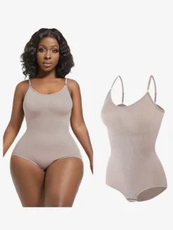 Linge de Mariée Lingerie sculptante rose camée sans manches à bretelles et boutons au cou gaine post-partum intégrale - Body gainant ventre plat et poitrine rehaussante grande taille
