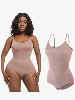 Linge de Mariée Lingerie sculptante rose camée sans manches à bretelles et boutons au cou gaine post-partum intégrale - Body gainant ventre plat et poitrine rehaussante grande taille