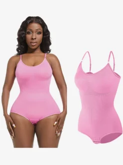 Linge de Mariée Lingerie sculptante rose camée sans manches à bretelles et boutons au cou gaine post-partum intégrale - Body gainant ventre plat et poitrine rehaussante grande taille