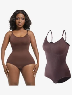Linge de Mariée Lingerie sculptante rose camée sans manches à bretelles et boutons au cou gaine post-partum intégrale - Body gainant ventre plat et poitrine rehaussante grande taille