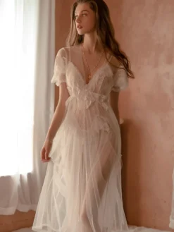 Linge de Mariée Nuisette Moulante Longue Lingerie Sexy Transparente avec Bretelles à Col V Coupe Cintrée Ensembles 3 Pièces