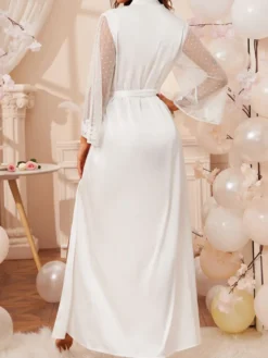 Linge de Mariée Pyjamas et Vêtement Longues Femme avec Manches Longues à Col V Coupe Cintrée à Lacets Unicolore