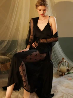 Linge de Mariée Pyjama Sexy 2 Pièces Robe À Bretelle Veste Manches Longues