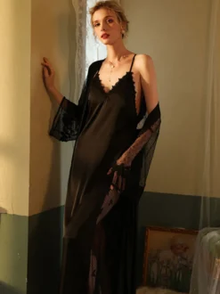 Linge de Mariée Pyjama Sexy 2 Pièces Robe À Bretelle Veste Manches Longues