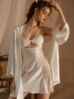 Linge de Mariée Pyjamas Vêtements de Nuit Champagne Dentelle 1 Pièce Manches Longues Lingerie Soie
