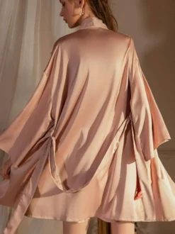 Linge de Mariée Pyjamas Vêtements de Nuit Champagne Dentelle 1 Pièce Manches Longues Lingerie Soie
