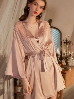 Linge de Mariée Pyjamas Vêtements de Nuit Champagne Dentelle 1 Pièce Manches Longues Lingerie Soie