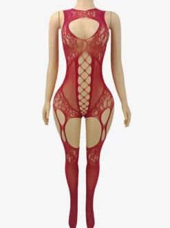 Lingerie bas collants noirs et rouges ajourés