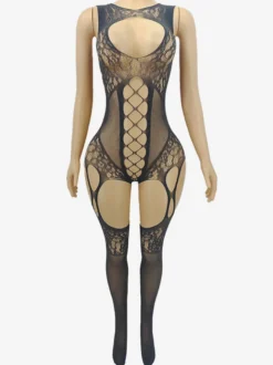 Lingerie bas collants noirs et rouges ajourés