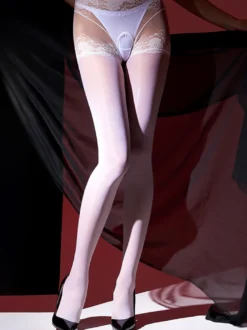 Lingerie bonneterie collants pour femmes entrejambe ouvert transparent rouge dentelle acrylique couleur unie