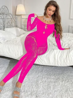 Lingerie Collants Bodybas en dentelle noire strass manches longues découpes collants transparents intégraux