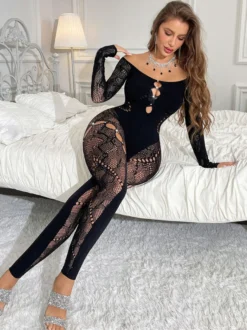Lingerie Collants Bodybas en dentelle noire strass manches longues découpes collants transparents intégraux