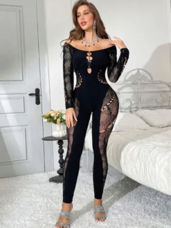 Lingerie Collants Bodybas en dentelle noire strass manches longues découpes collants transparents intégraux