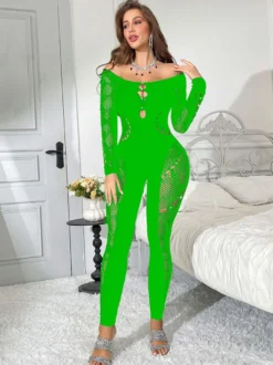 Lingerie Collants Bodybas en dentelle noire strass manches longues découpes collants transparents intégraux