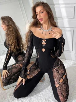 Lingerie Collants Bodybas en dentelle noire strass manches longues découpes collants transparents intégraux