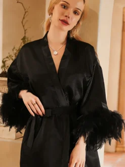Lingerie de mariée pyjamas vêtements de nuit robes nuisettes en plumes noires