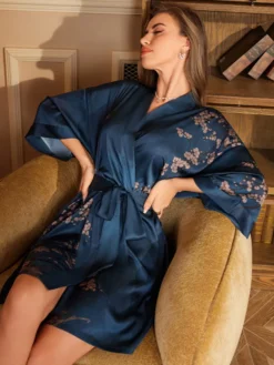 Lingerie de mariée pyjamas vêtements de nuit robes de chambre nuisettes imprimées bleu marine à lacets