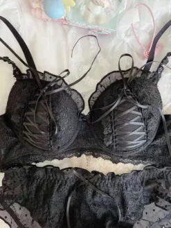Lingerie Ensemble Soutien-Gorge Culotte En Dentelle Noire 2 Pièces Pour Adulte