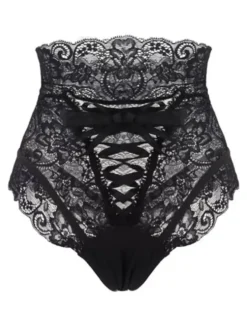 Lingerie Fendue Culotte sexy noire à lacets pour femmes sous-vêtements taille haute