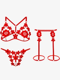 Lingerie Fendue Ensemble soutien-gorge et culotte à bonnets ouverts lingerie sexy en dentelle blanche cloutée 3 pièces