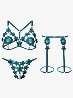 Lingerie Fendue Ensemble soutien-gorge et culotte à bonnets ouverts lingerie sexy en dentelle blanche cloutée 3 pièces