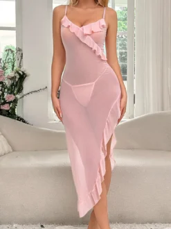 Lingerie Robe De Nuit Longue Saint Valentin Volants Noir Tulle Sexy Transparente