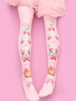 Lolita Bas doux fraise rose Velvet Imprimé 2026 Lolita Chaussettes à genou Déguisements Halloween