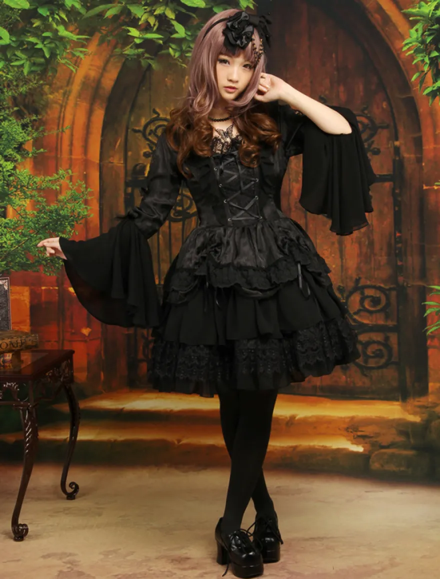 Lolita Robe Gothique noir à 1 pièce 2026 Longue Manches Hime à lacet Couches dentelle Déguisements