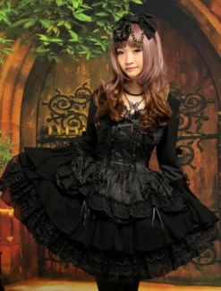 Lolita Robe Gothique noir à 1 pièce 2026 Longue Manches Hime à lacet Couches dentelle Déguisements