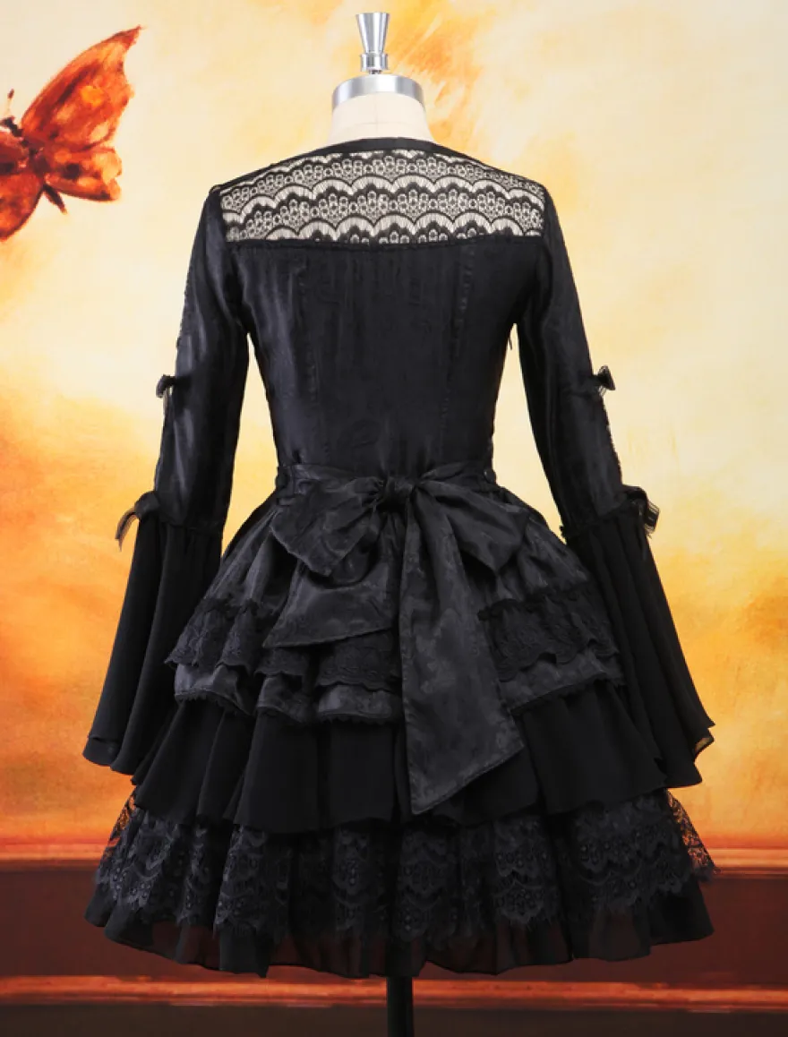 Lolita Robe Gothique noir à 1 pièce 2026 Longue Manches Hime à lacet Couches dentelle Déguisements