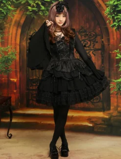 Lolita Robe Gothique noir à 1 pièce 2026 Longue Manches Hime à lacet Couches dentelle Déguisements