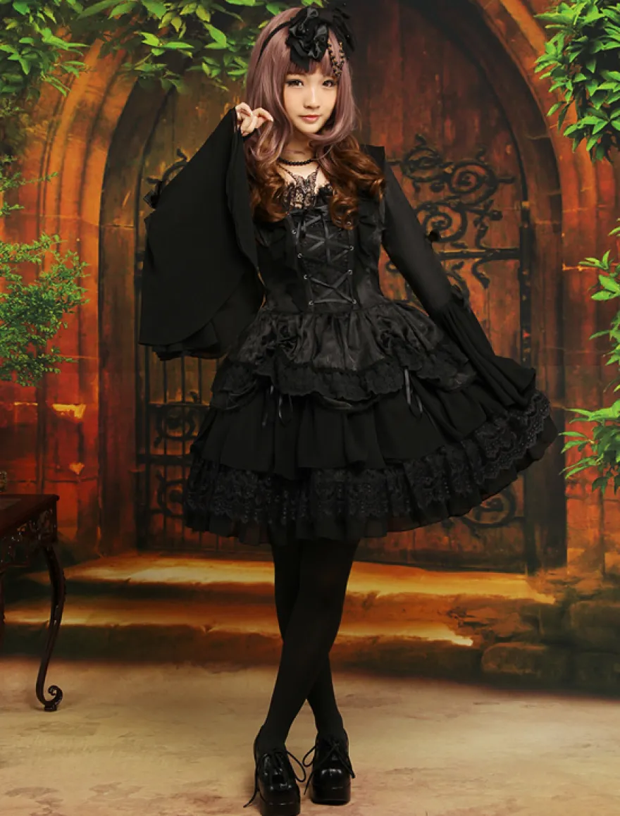 Lolita Robe Gothique noir à 1 pièce 2026 Longue Manches Hime à lacet Couches dentelle Déguisements