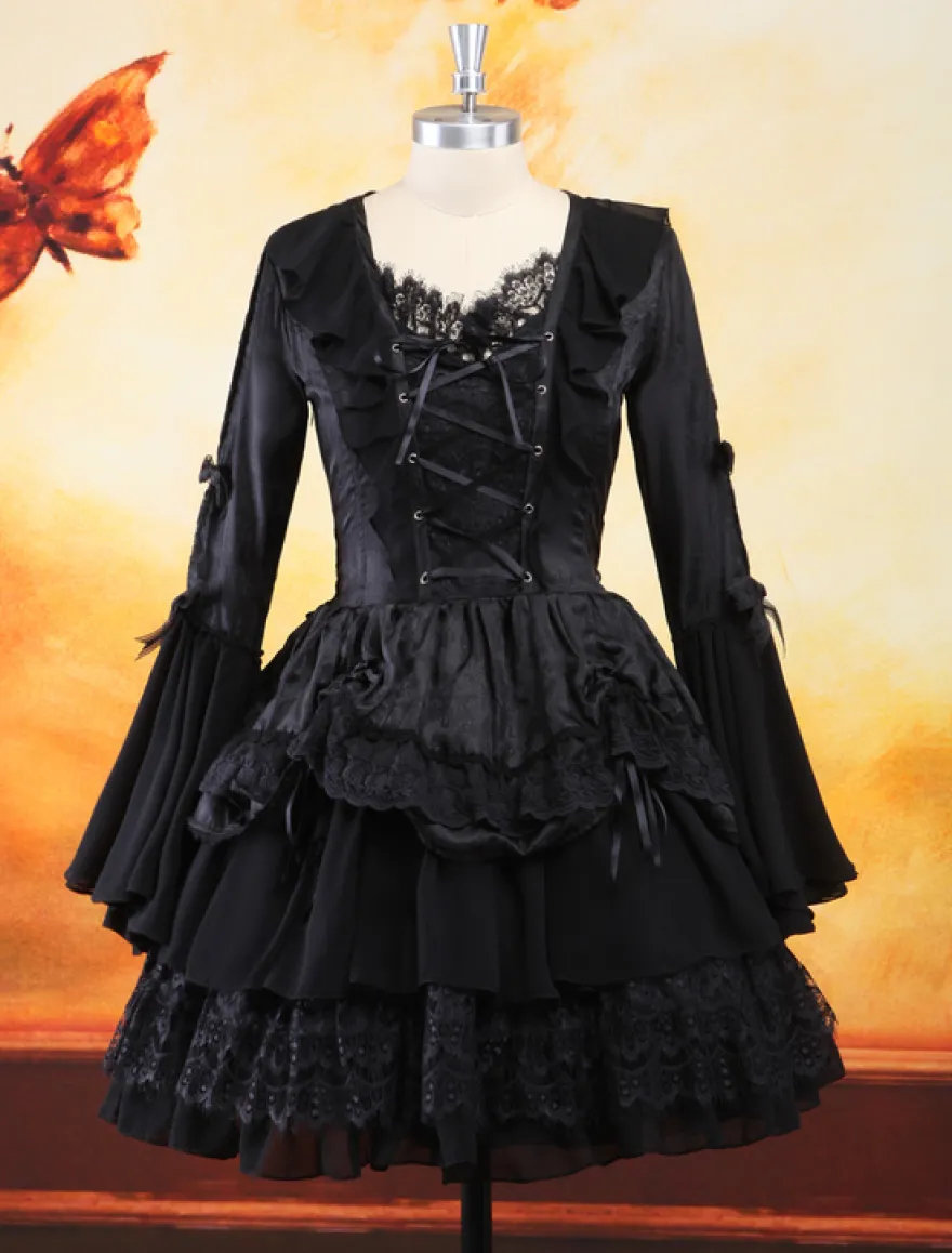 Lolita Robe Gothique noir à 1 pièce 2026 Longue Manches Hime à lacet Couches dentelle Déguisements