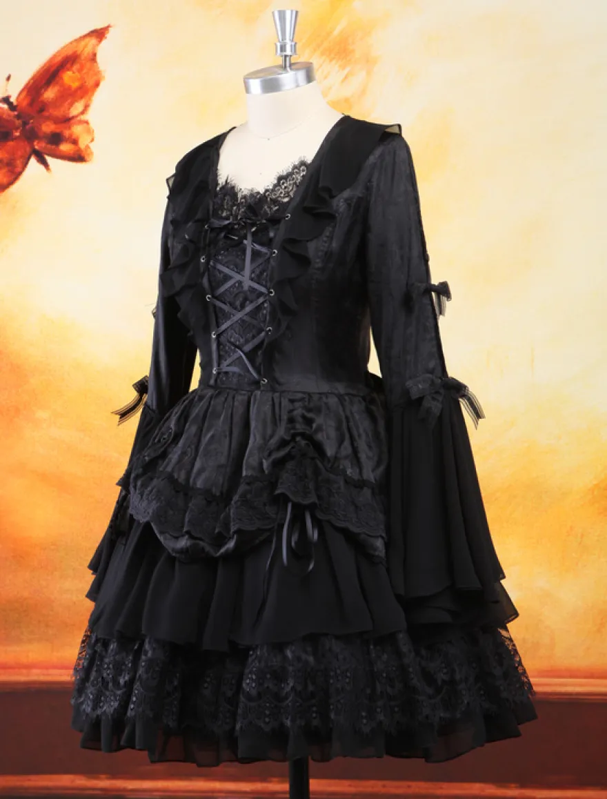 Lolita Robe Gothique noir à 1 pièce 2026 Longue Manches Hime à lacet Couches dentelle Déguisements
