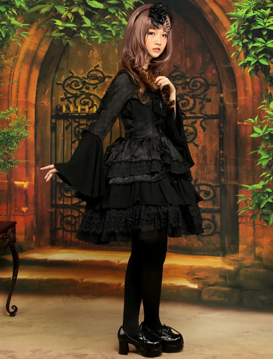 Lolita Robe Gothique noir à 1 pièce 2026 Longue Manches Hime à lacet Couches dentelle Déguisements