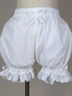 Lolita short en 100% coton blanc unicolore avec dentelle à taille plissée ample Déguisements Halloween