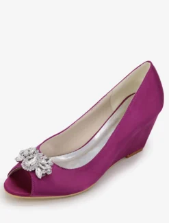 Magnifique chaussure de mariée en satin à talons compensés avec strass Escarpin