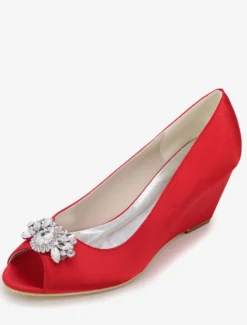 Magnifique chaussure de mariée en satin à talons compensés avec strass Escarpin